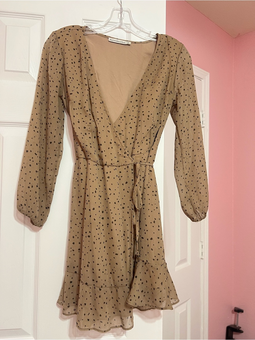 Abercrombie & Fitch Taupe Wrap Dress with Black Dot Print